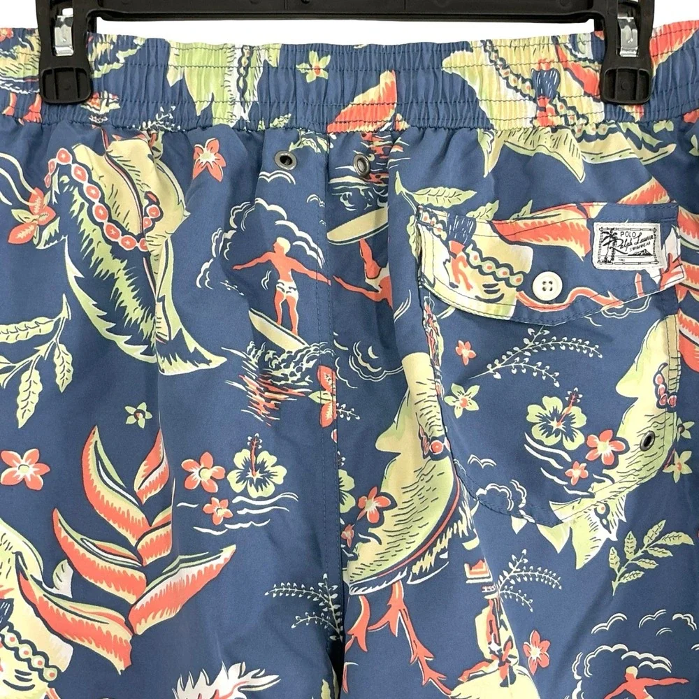 Polo Ralph Lauren Swim Trunks Men's Medium Blue Hawaiian Surfer Print Mesh Lined